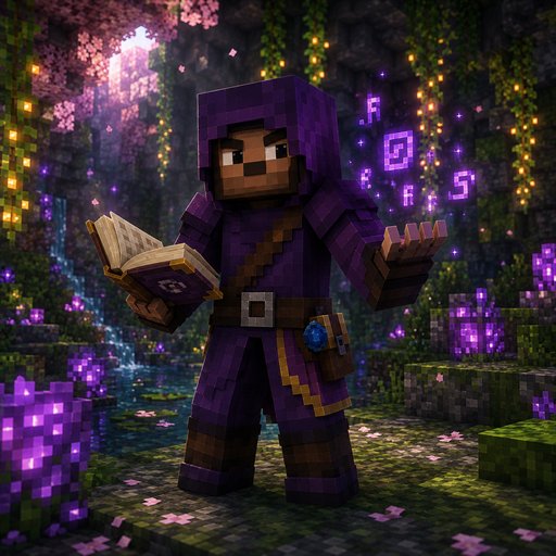 A scholar in purple leather among glowing lush cave growth