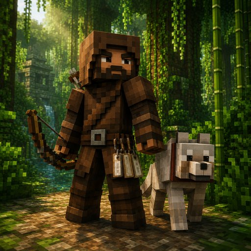A hunter in brown leather with a bow and a tamed wolf, in dense jungle