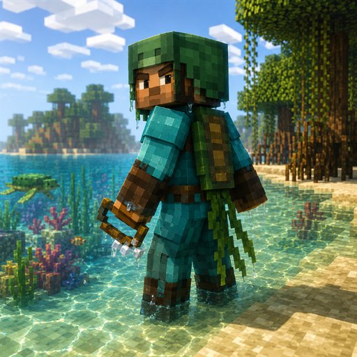 A diver in cyan leather and turtle shell helm on a bright shoreline