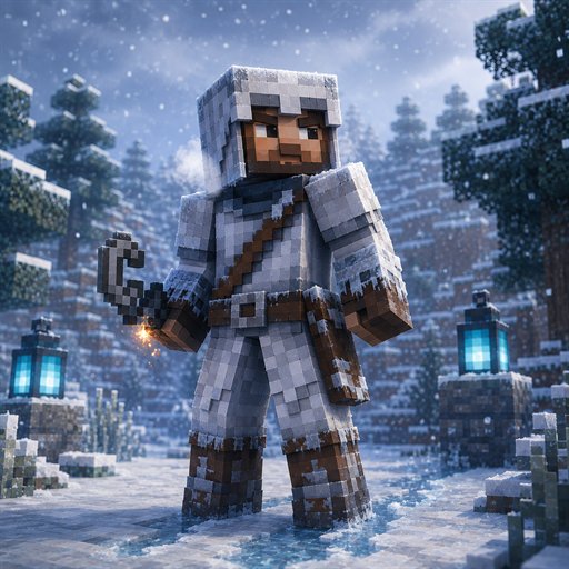 A survivor in white leather amid snowy spruce forest and drifting snow