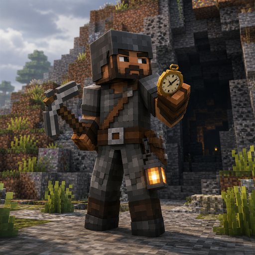 A miner in grey leather holding a pickaxe at the mouth of a cave