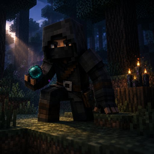 A hooded figure in black leather in dark forest at dusk