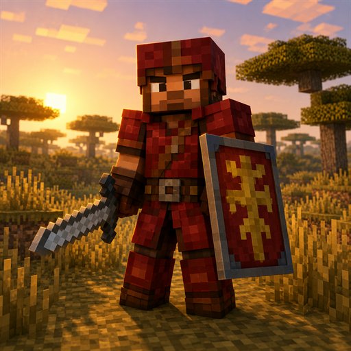 A warrior in red armour with sword and heraldic shield, in savanna grass at sunset